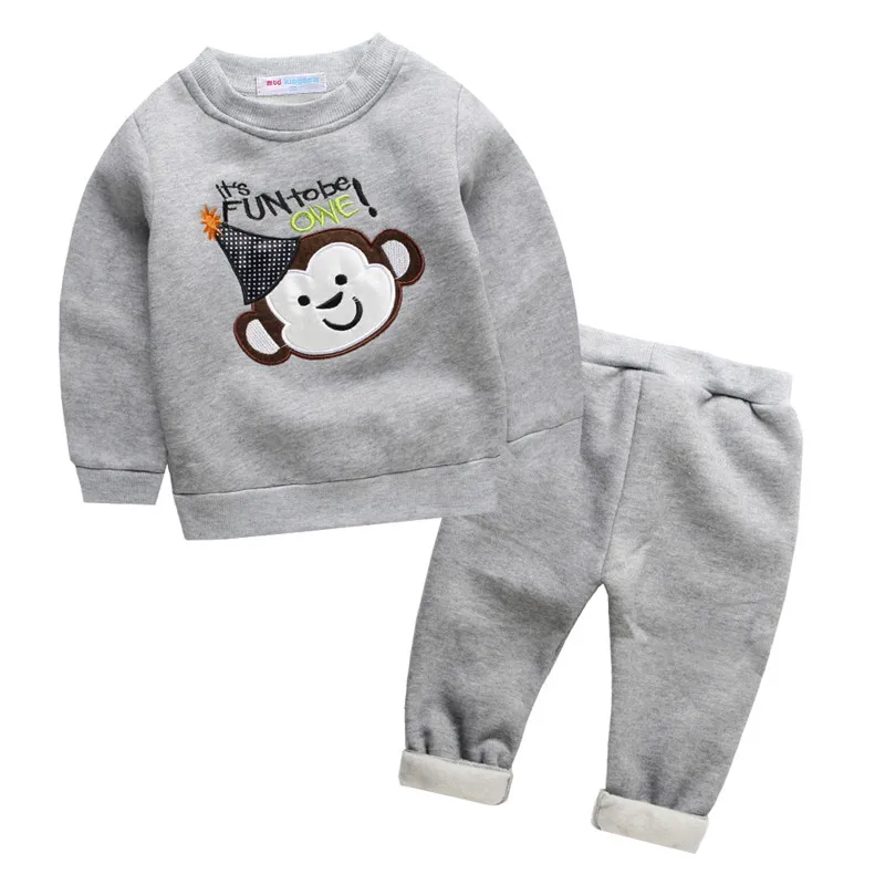 Grey-Monkey Mudkingdom/Милая повседневная одежда для маленьких мальчиков и девочек; Теплая Флисовая осенняя одежда с вышивкой - Цвет: Grey-Monkey