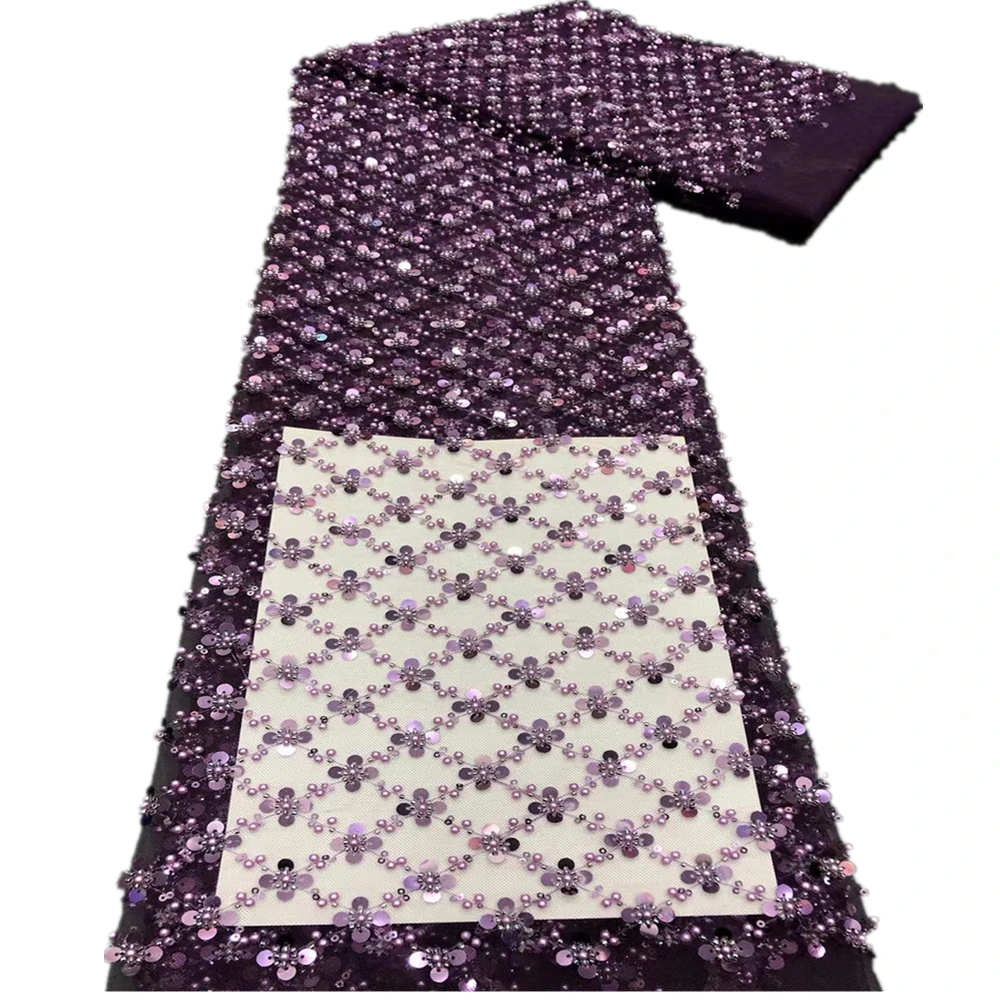 

African Lace Fabric 2021 High Quality with sequins/beads Nigerian Lace Fabrics For Dress purple French Lace Fabric Sewing XB-260