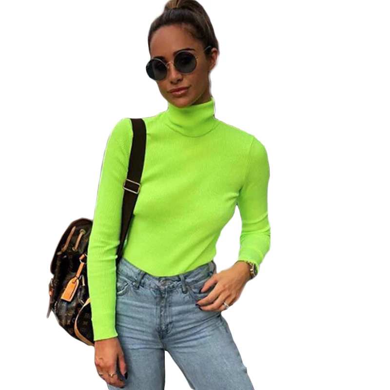 Неоново зеленые женские футболки с длинным рукавом 2020 одежда в Корейском стиле