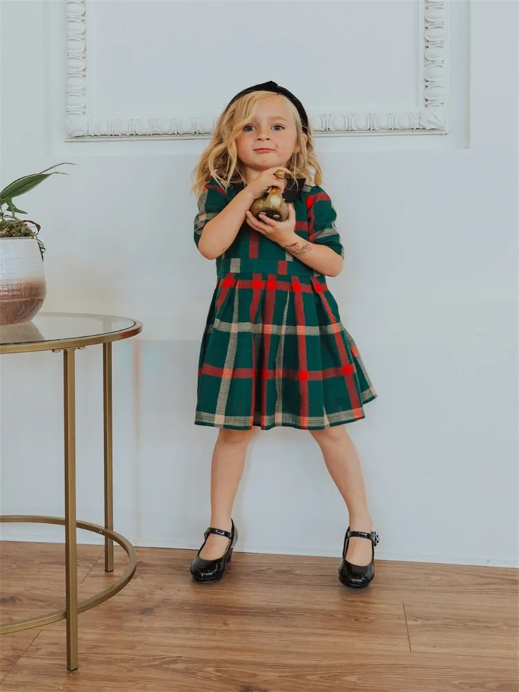 Family Christmas Matching Dress High Waisted Green Plaid O-Neck Three Quarter Elbow Sleeve Women Parent-Child Outfit Gown |