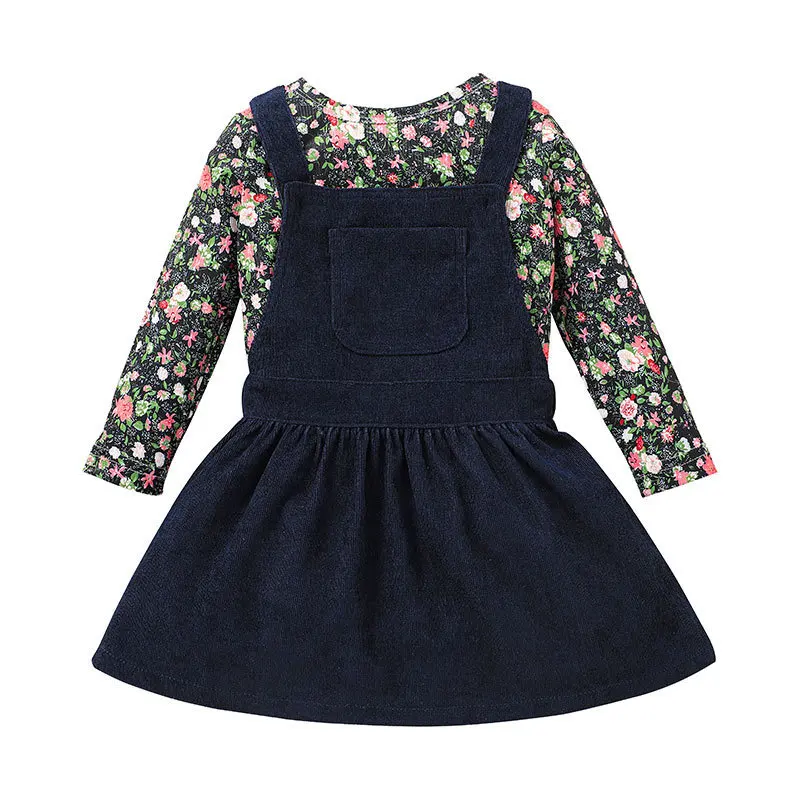 

Осенний костюм детской юбки с цветочным принтом и однотонным платьем