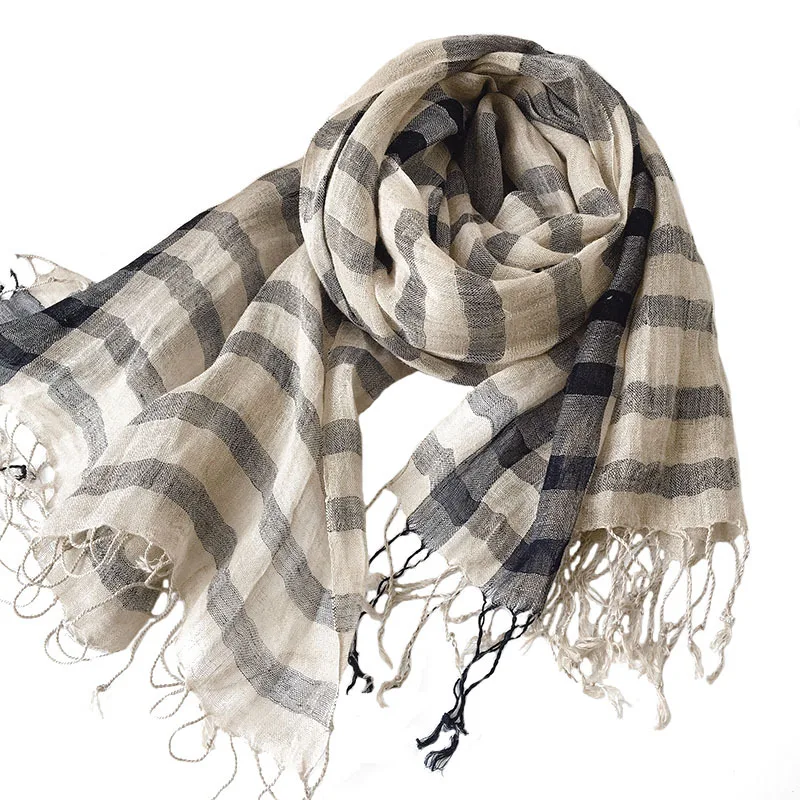 

Japanese Retro Plaid Pure Linen Scarf Travel Shawl Beach Silk Scarf Women's New Shade In Spring And Summer