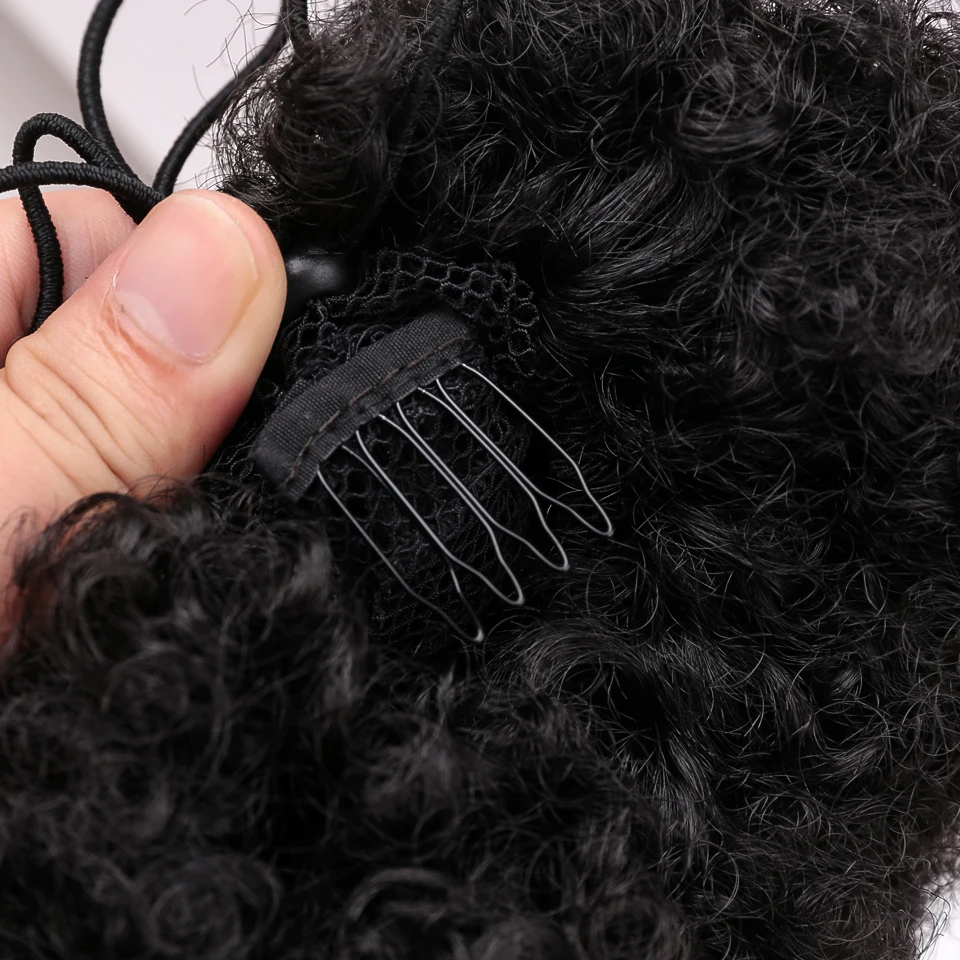 MANWEIAfro Synthetic Short Afro Kinky Drawstring Ponytail High Temperature Pony Tail Clip in Hair Extension on Puff Hair Bun