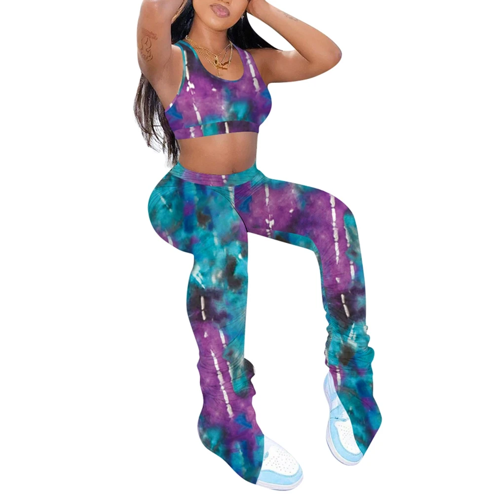 

Summer Outfits For Women Suit Tie-dye Print Sleeveless Shirt Top and High Waist Trousers Suit Set 2 Peice Set Women Clothing