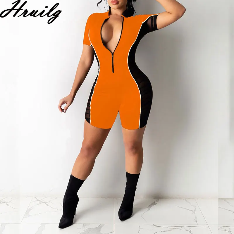 

Women's Fashion Casual Sexy Solid Color Stitching Mesh Jumpsuit Zipper Pull-up Slim Short-sleeved Fitness Tracksuit One Piece