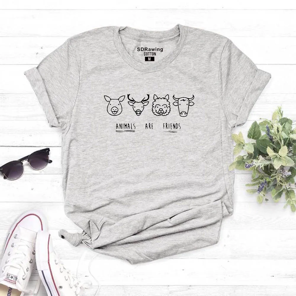 gray Harajuku/милые хлопковые футболки с принтом Animals Are Friends, футболки для веганов, женская одежда унисекс, повседневные топы, футболки с круглым вырезом, S-3XLdrop - Цвет: gray