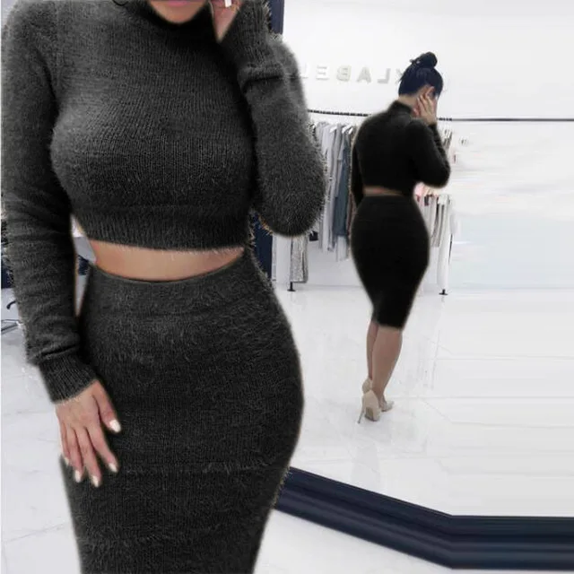 Женский Осенний трикотажный комплект из двух предметов свитер и юбка-карандаш