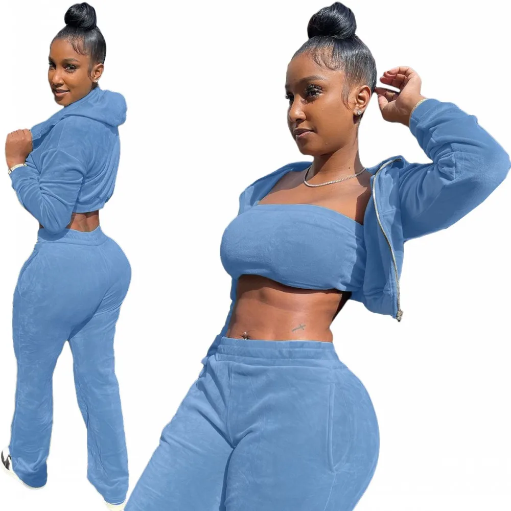 

2022 Winter Solid Color Plush Hooded Sweater Three-Piece Suit Fashionable Sexy Women's Long Pants Sets Slim Tracksuit Outfits