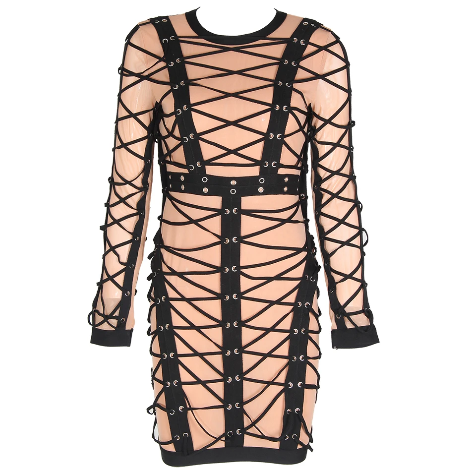 

High Quality Black New Chic Lace Cross Embellishment Long Sleeve Hollow Celebrity Club Party Elegant Bandage Dress