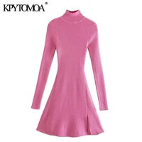 kpytomoa women 2021 chic fashion front slit fitted knit mini dress vintage high neck long sleeve female dresses vestidos mujer