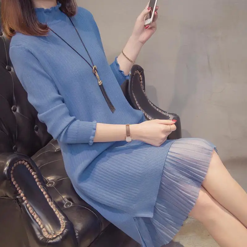 

Plus Size Lace Splice Knitted Dress Women 2020 Autumn Winter Knitting Turtleneck Long Sleeve Warm Sweater Dress