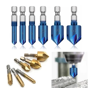 Набор зенкеров для снятия фаски, 6 шт., 5 бороздок, 14 дюйма, с шестигранным хвостовиком, из быстрорежущей стали, 90 градусов, 6 мм-19 мм