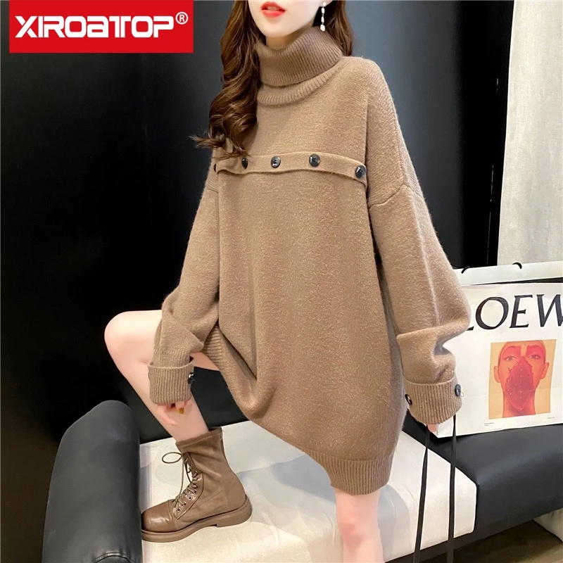 

Mid-length thick turtleneck sweater fashion women pullover winter new Korean loose sweater coat Jumper Soft Warm Pull Femme