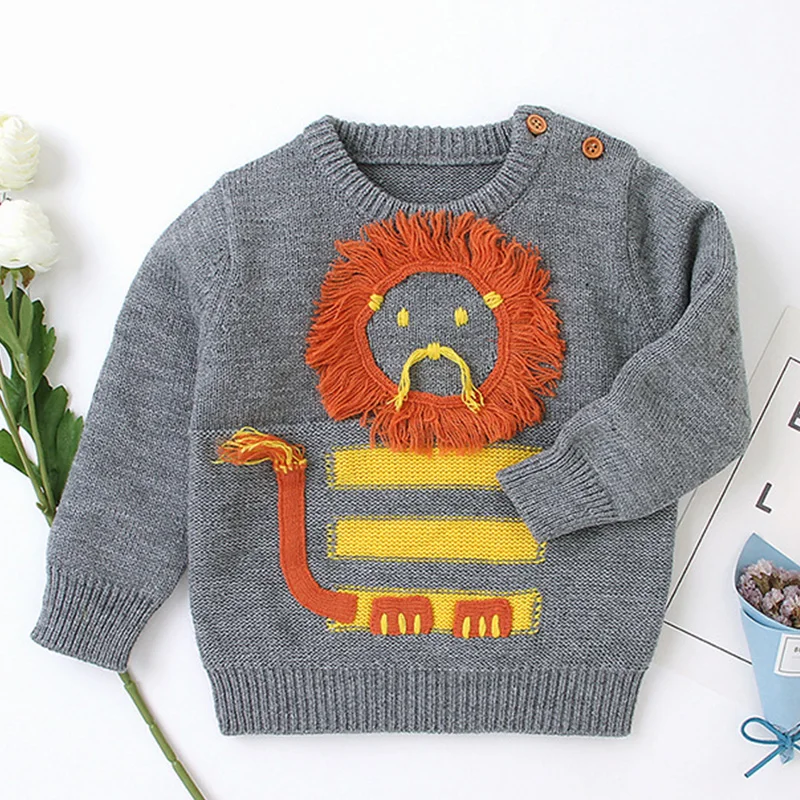 

Осень-зима 2019, трикотажные милые свитера с длинным рукавом для маленьких мальчиков и девочек с изображением Льва, хлопковые свитера для мал...