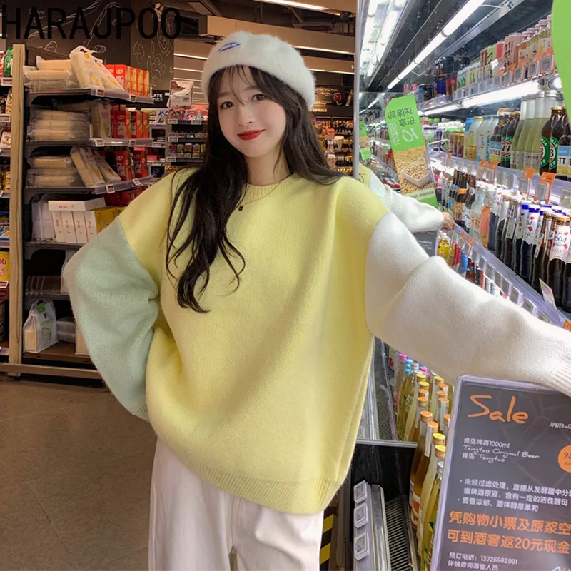 

Pullover Harajpoo Female Autumn Winter Korean Loose Contrast Color O Neck Thick Knitted Sweater Ins Fashion Women Solid Tops