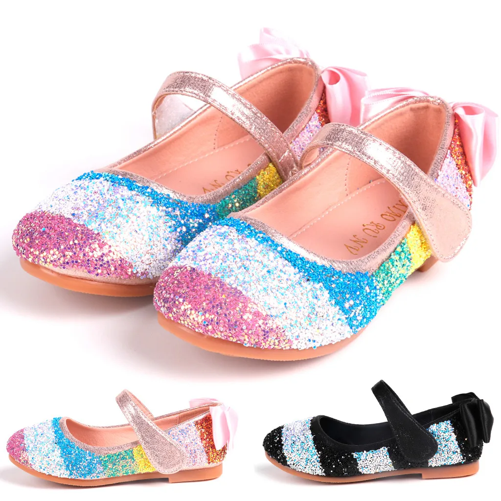 Обувь для маленьких девочек Тонкие туфли с бантом и блестками на мягкой подошве