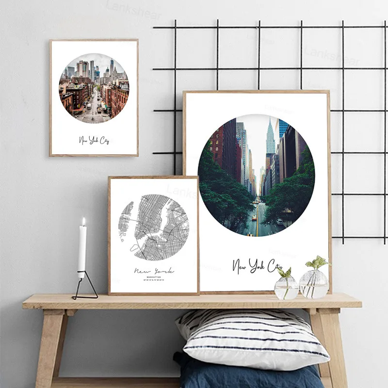 Холщовый постер с изображением пейзажа Нью-Йорка черно-белая карта в