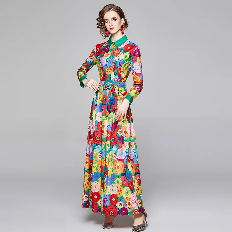 

Runway Designer Floral Long Dress 2021 Spring Fashion Women's Long Sleeve Vintage Print Casual Maxi Dress Vestido De Festa