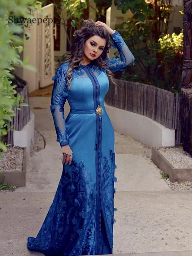 

Shwaepepty Royal Blue Long Formal Evening Dress A Line Full Sleeve Appliques Lace Flowers Arabic Dubai Kaftan Prom Dresses 2021