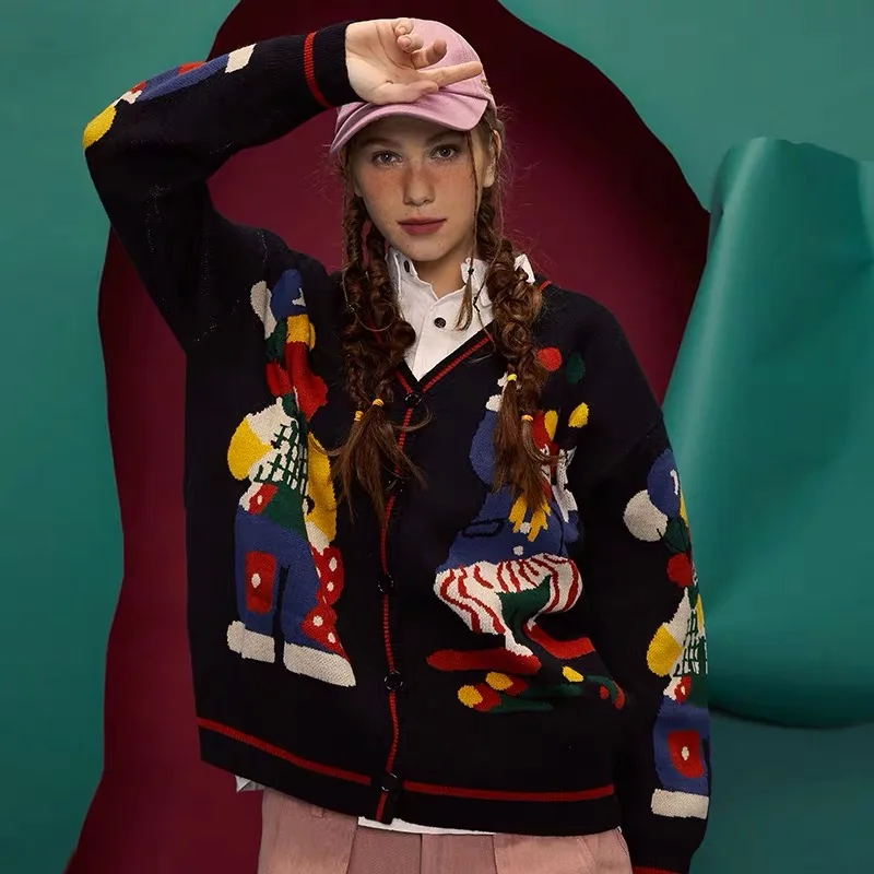 

2021 Spring Funny Clown Knitted Sweater Women Hip Hop Cotton Cardigan Harajuku Sweaters Oversize Streetwear Unsiex Knit Jumper