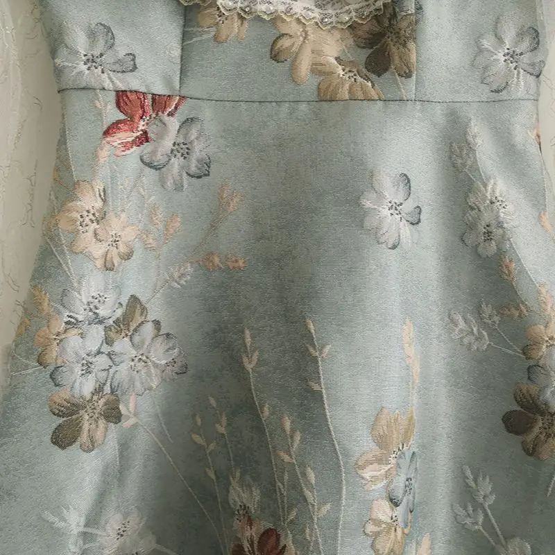 

AELESEEN Runway Fashion Beading Dress 2021 Spring Summer Women Dress Flare Sleeve Lace Flower Print Jacquard Mini Dress