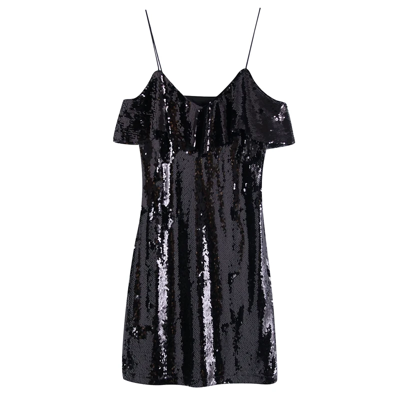 Сексуальное платье с оборками и блестками на бретелях модное женское мини