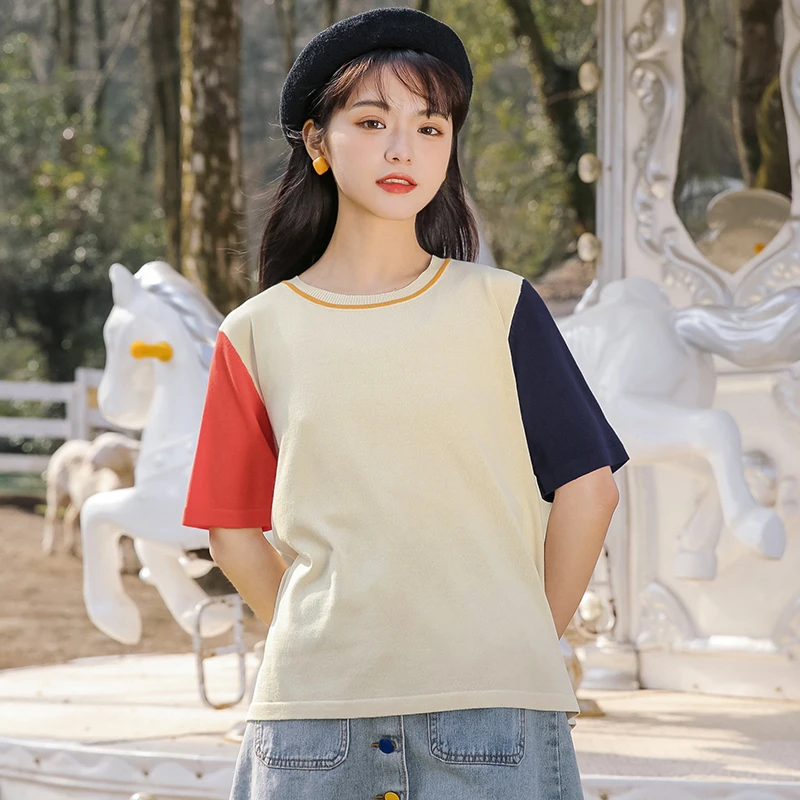

Chic Khaki 2021 Summer New Loose Color Matching Short-Sleeved Sweater Girl Ice Silk Pullover Student T-shirt Fashion Top