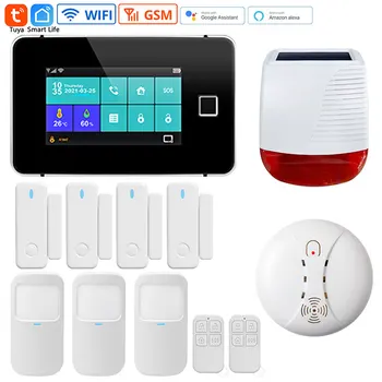 Tuya Wifi Smart Alarm System Home Security G60 4.3 Inches Color Touch Screen Fingerprint Wireless Solar Siren Door Sensor System