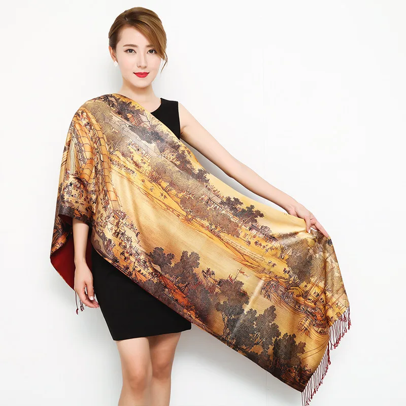 

Thick Autumn winter women scarves long section double-sided scarf Chinese style silk shawl ladies wrap Cashmere pashmina muffler