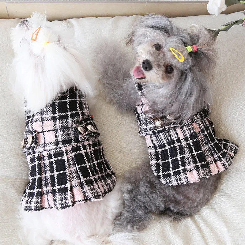 Милое зимнее платье в клетку для маленьких собак и щенков принцессы домашних