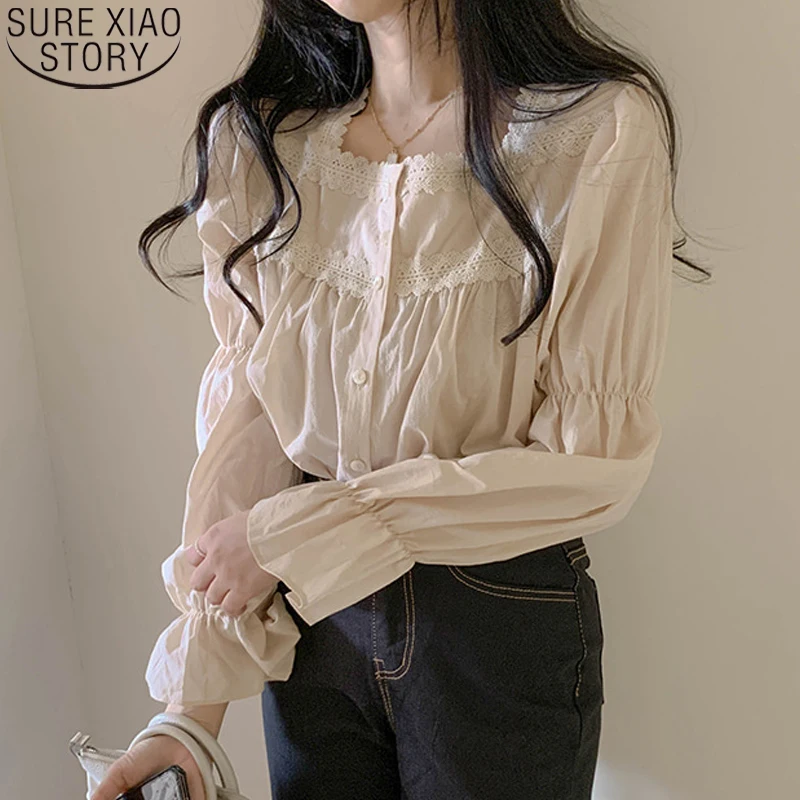 

Casual Hook Flower Hollow Apricot Shirt Vintage Lace Blouse Fashion Square Collar Flare Long Sleeve Shirt Women Top Blusas 10955