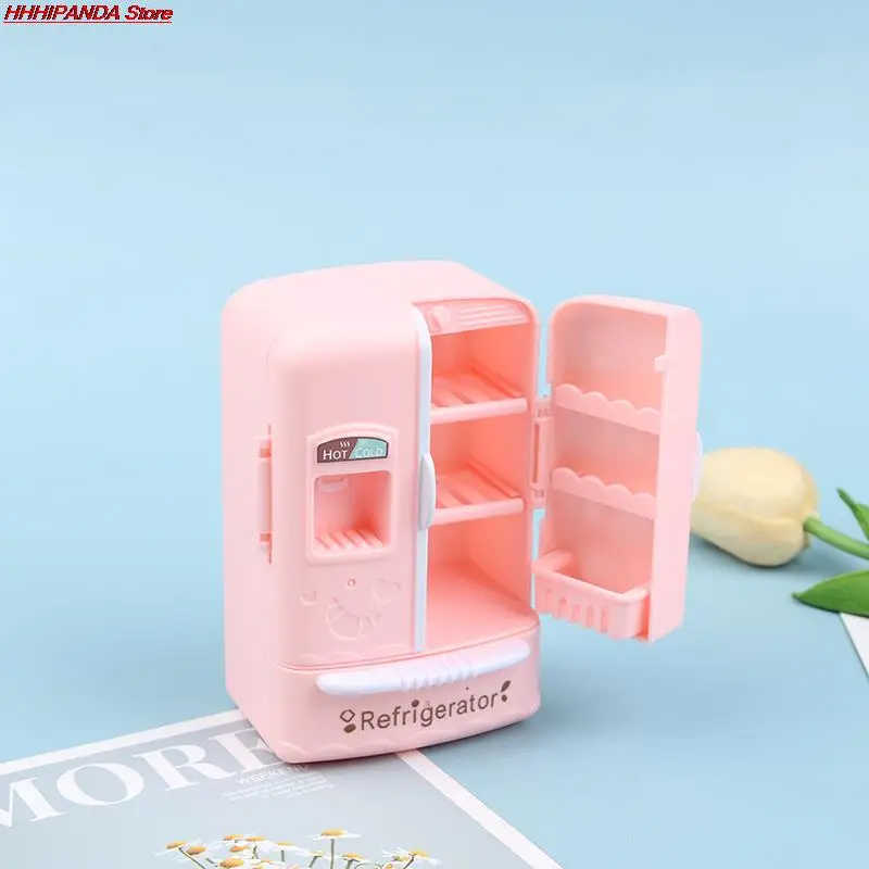 Refrigerador en miniatura de color rosa para casa de muñecas, refrigerador congelador para muñecas, muebles de cocina, vajilla, accesorios de decoración, 1 unidad, 1/12