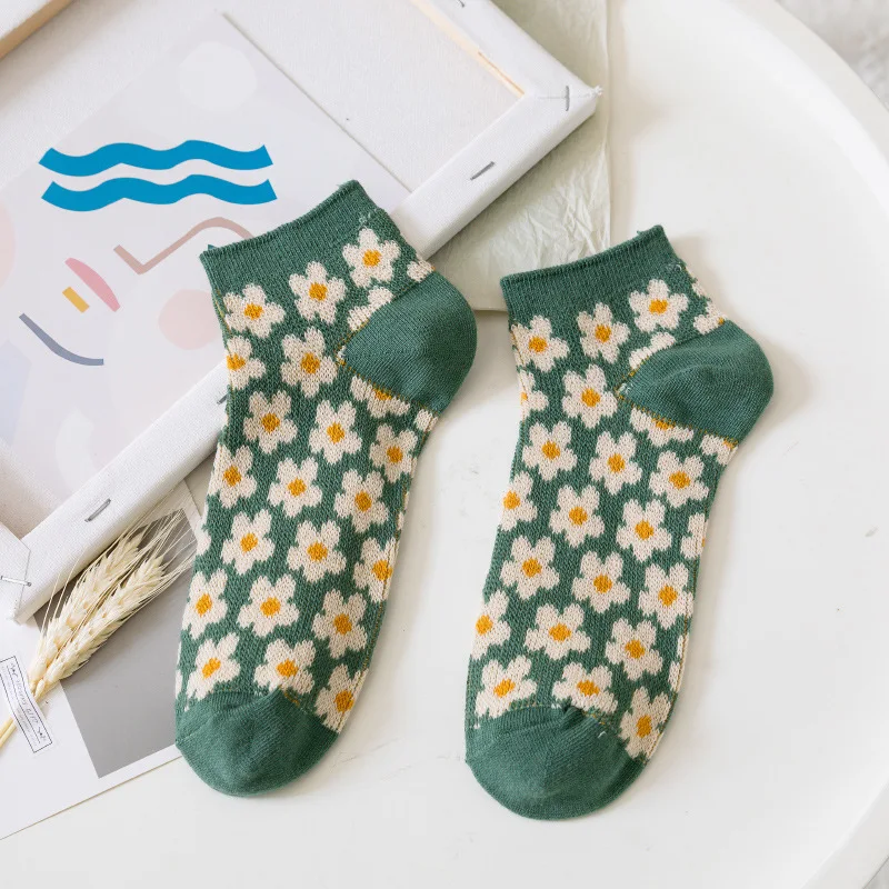 

1Pair Duplex Double Needle Flower Socks for Women Girls Fashionable Retro Japanese Style colorfully Comfortable Cotton Boat Sock