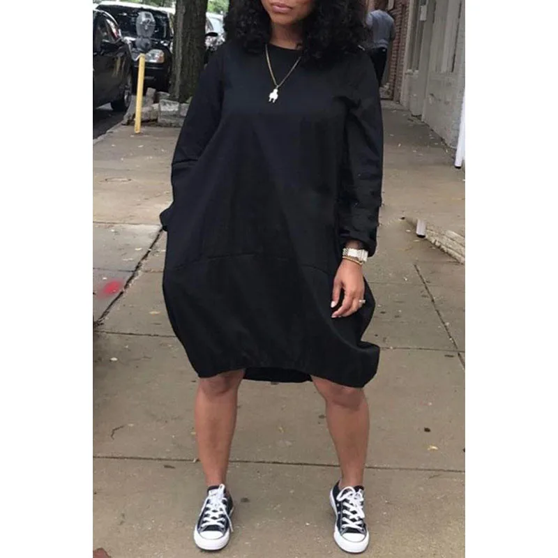 Elegant Women Autumn Loose Style Knee Length Dress Solid Color Party Fashion Streetwear Casual Sundress | Женская одежда