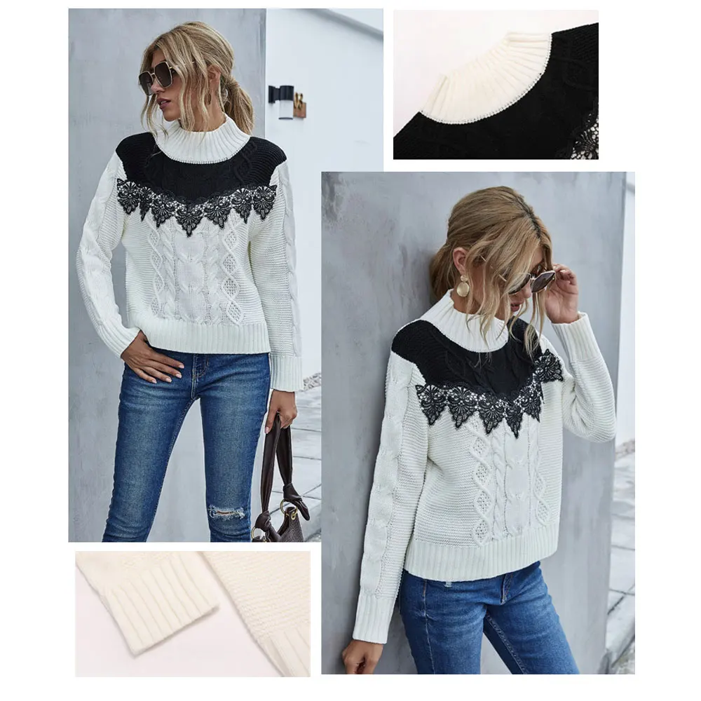 

2020 Casual Lace Patchwork Woman Sweater Autumn Winter 2020 Turtleneck Long Sleeve Pullovers Knitted Sweater for Women Jumper