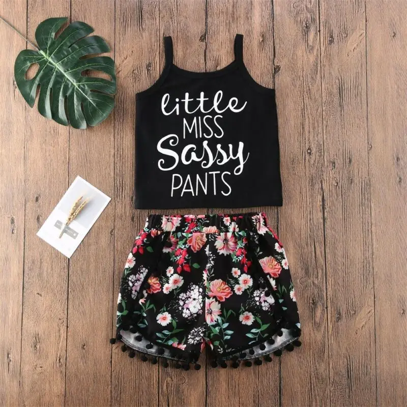 

Жилет на бретелях-спагетти с цветочным рисунком + шорты с цветочным рисунком с бахромой, летняя одежда для малышей