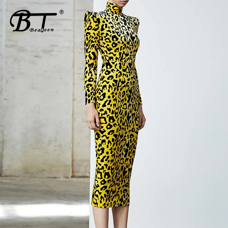 Женское облегающее платье Beateen с воротником стойкой и леопардовым принтом