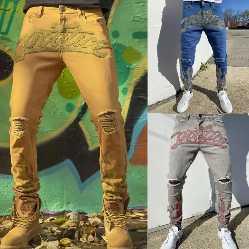 

Ripped Jeans Men's Skinny Hip Hop Jeans Letter Print Trousers Boys Shiny Rhinestone Denim Pencil Pants Streetwear Men