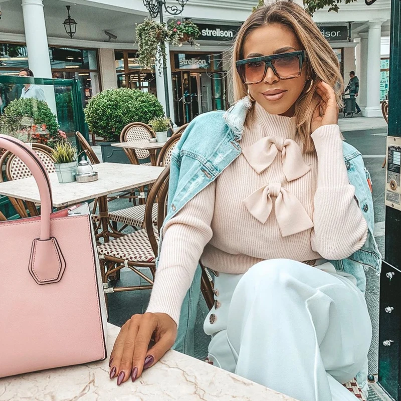 Розовый вязаный зимний свитер с галстуком-бабочкой женский модный джемпер