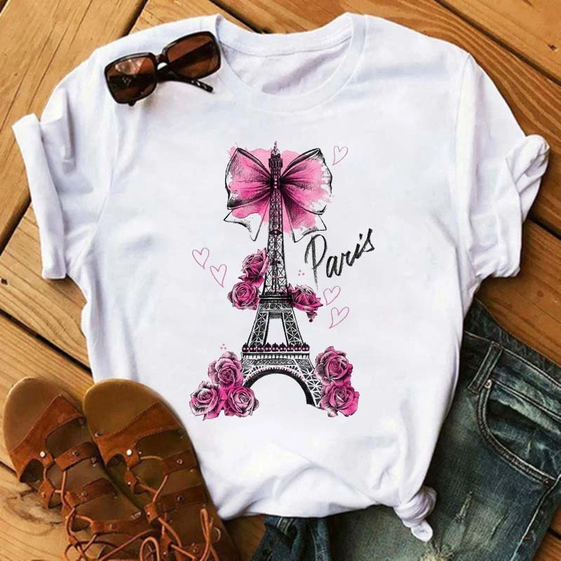 

FIXSYS Girls Short Sleeve Shirt Tees New Summer Korean Clothes Women Fashion Eiffel Tower T-shirt Vogue Ladies Tops Ropa
