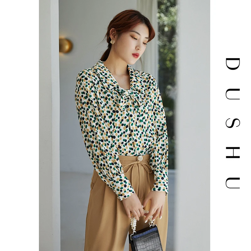 

DUSHU Plus size floral print chiffon blouse shirt Women long sleeve bow bandage vitnage shirt Office laday elegant female top