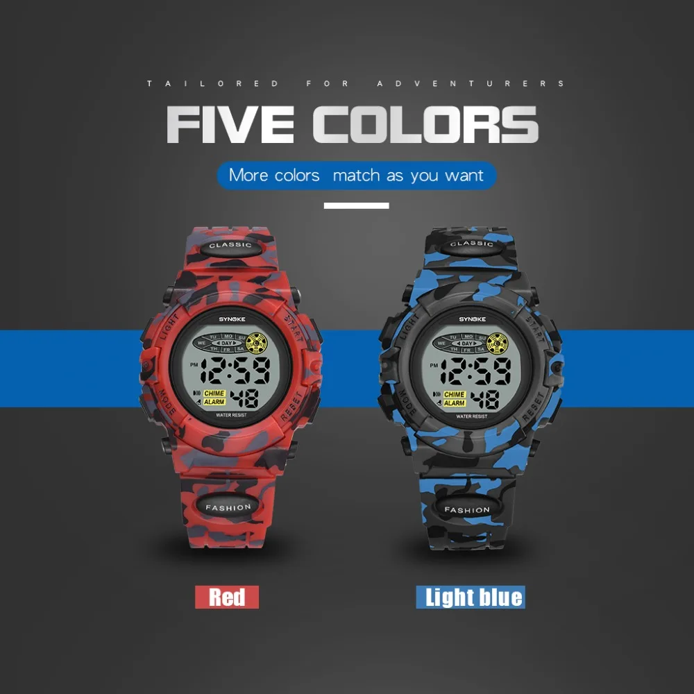 SYNOKE Sports Military Kids Digital Watches Student Children's Watch Fashion Luminous Led Alarm Camouflage Green Boy Clock