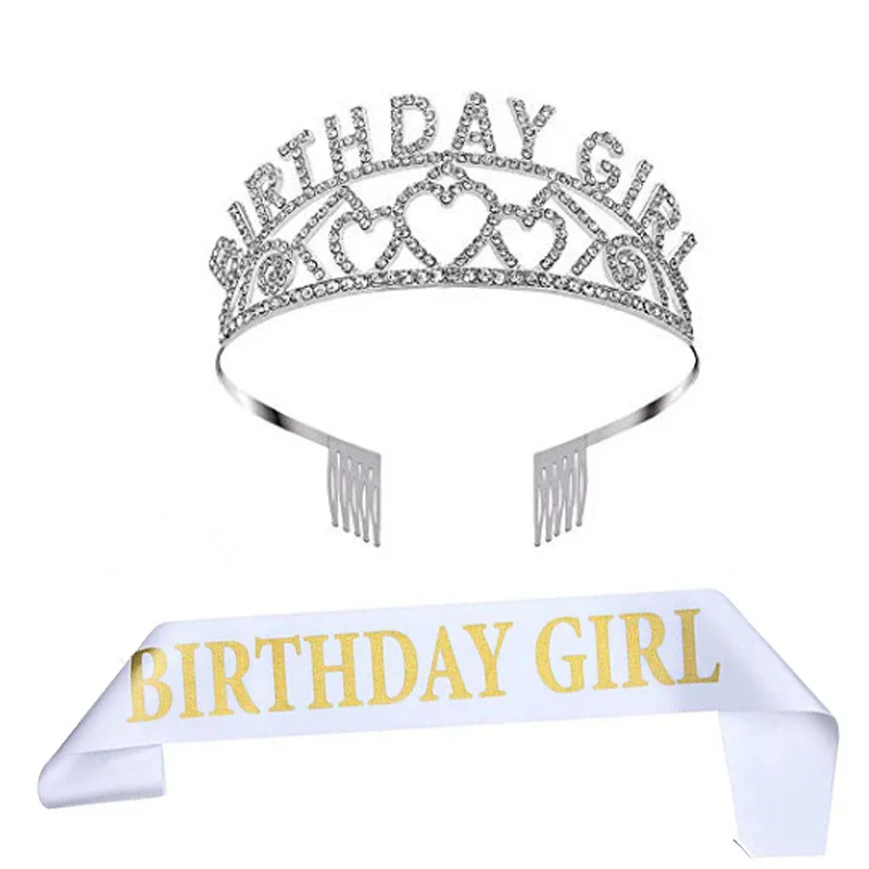 

Birthday Girl Princess Satin Ribbon Sash And Metal Tiara Crown Set For Girls Female Party Gift Accessory Ornament