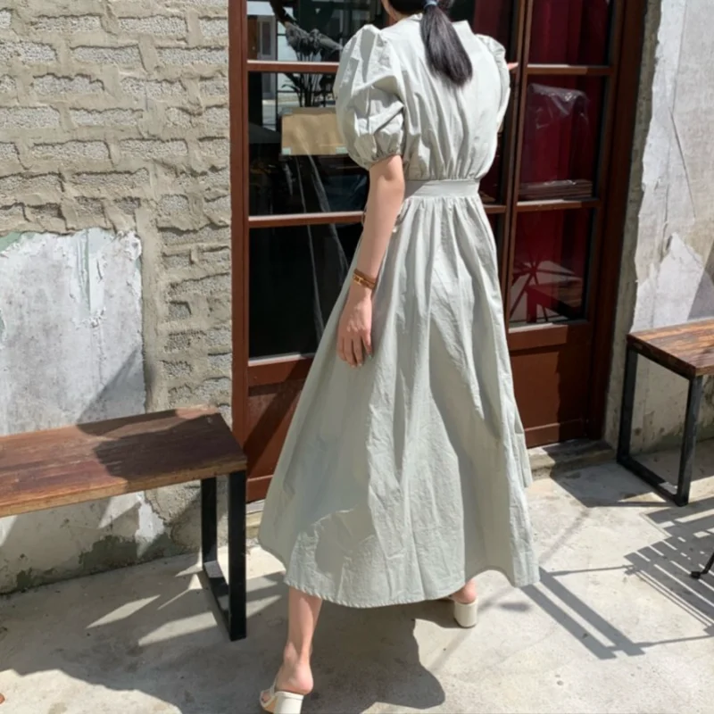 

2021 New Women Summer Vintage Long Bandage Dress Sashes V Neck Puff Sleeve Slim Waist A-line Wrap Sundress