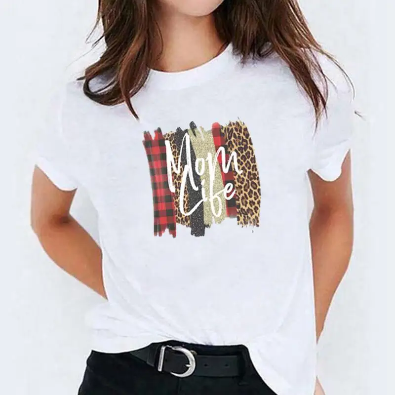 

Summer Tee Shirt Femme Harajuku Shirt Fashion Mama Leopard Plaid Print T Shirt Women Tops Mother's Daycasual Camiseta Mujer