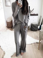 donsignet new womens suit fashion summer solid color knitted o neck top straight trousers womens suit