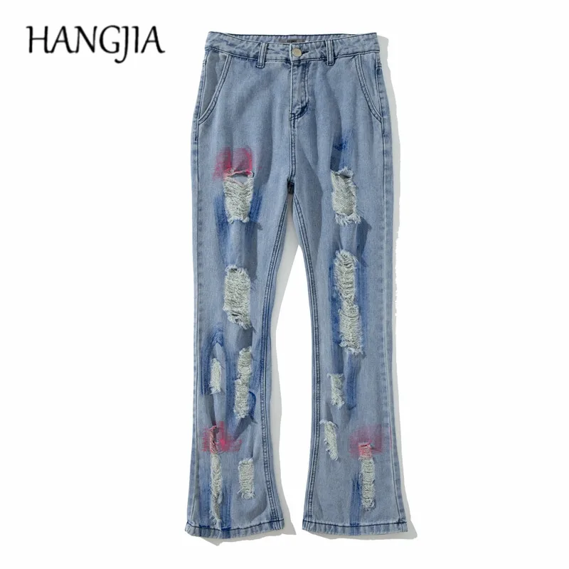 Streetwear Slim Fit Ripped Flare Jean Hip Hop Washed Destroyed Jean Men Women Fashionable Letters Print Ripped Micro Flared Pant