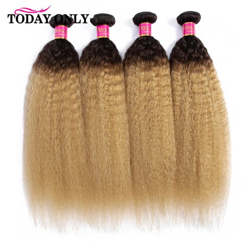 

TODAY ONLY Kinky Straight Hair 1 3 4 Ombre Hair Bundles Remy Human Hair Extension Blonde Brazilian Hair Weave Bundle Deals 1B/27