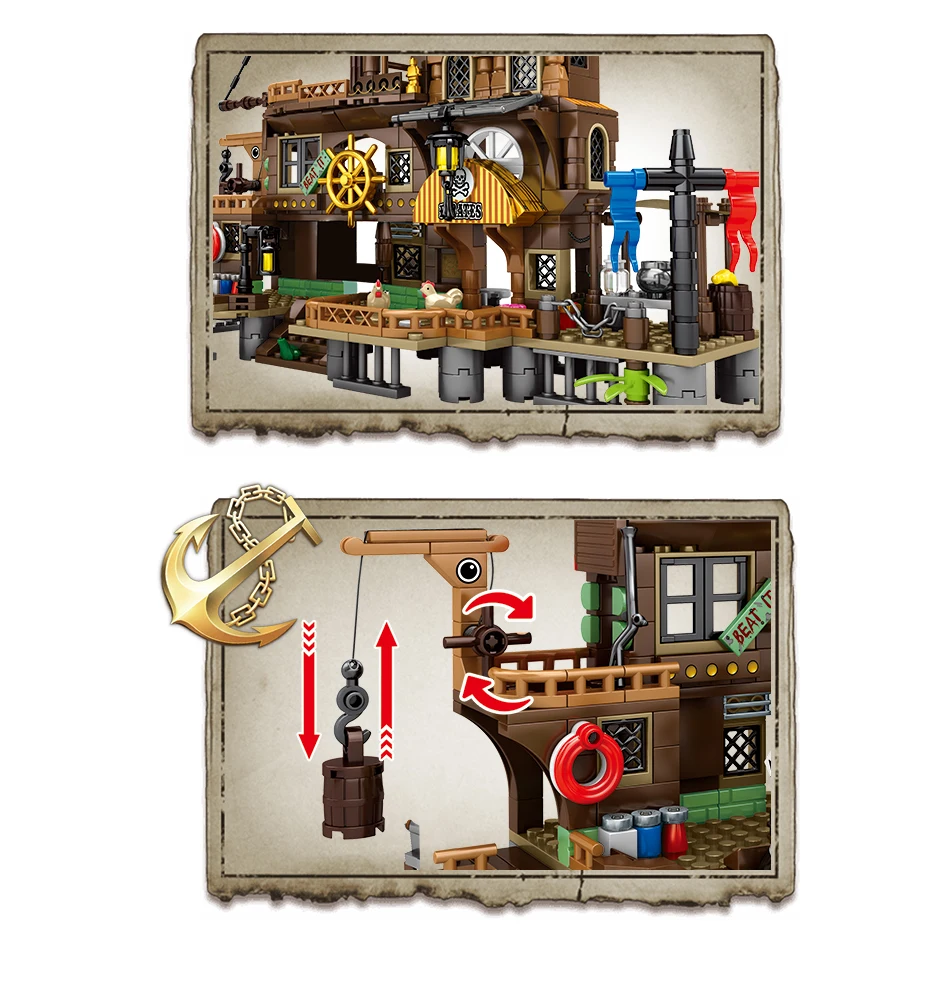 

665Pcs Island Pier The Pirate Ship Building Blocks Creator Boat Movie House Scene Bricks Educational Toys For Children Kids