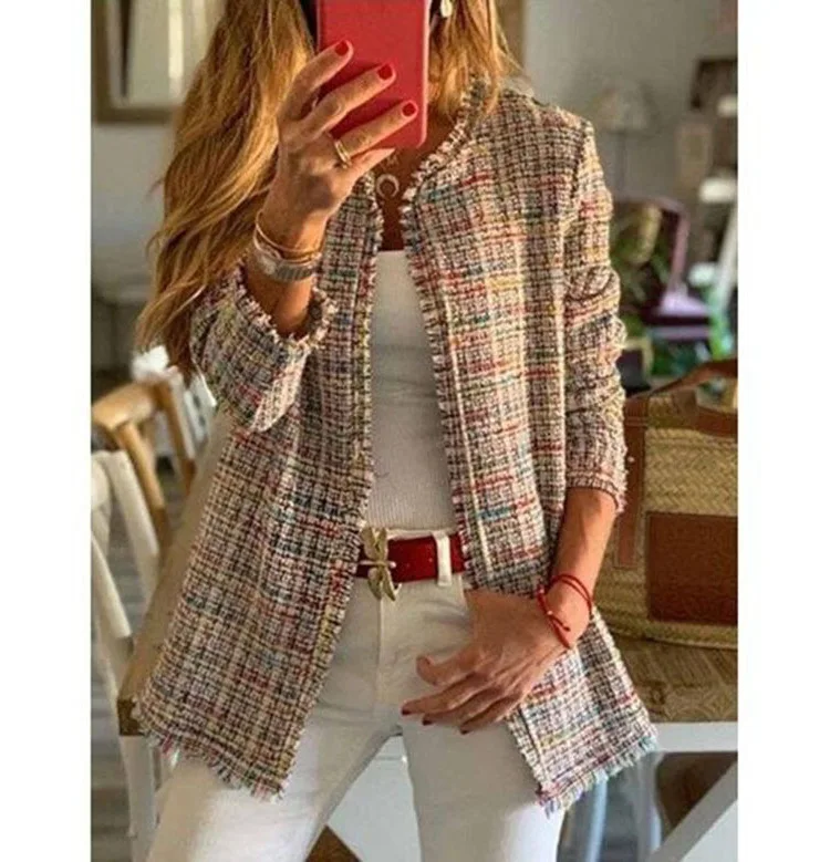 

Mandylandy Autumn and Winter Fashion Plaid Jacket Women's Casual Long-Sleeved Printed Cardigan Woolen Knitted Coat